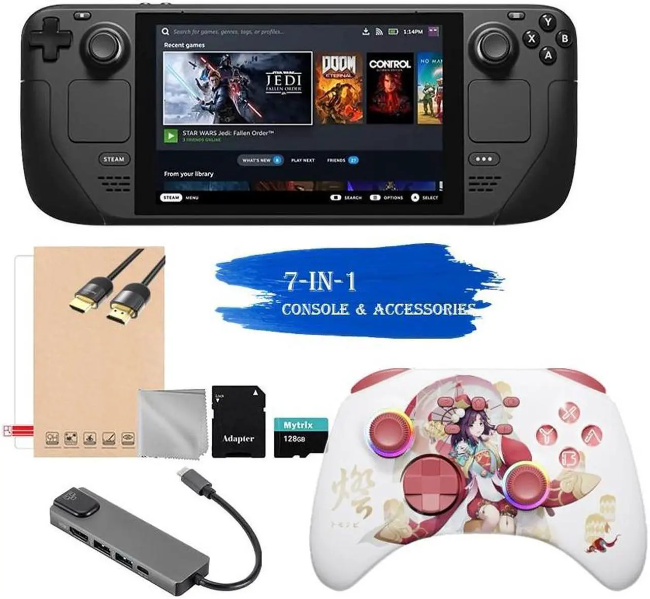 Main image of Valve Steam Deck 256GB Handheld Console, 7-inch Touchscreen, 1280x800 Resolution, Ergonomic Design, Mytrix Touro Wireless Pro Controller, Hub, 128GB MicroSD Card, 6 Accessories: 7 in 1 Bundle