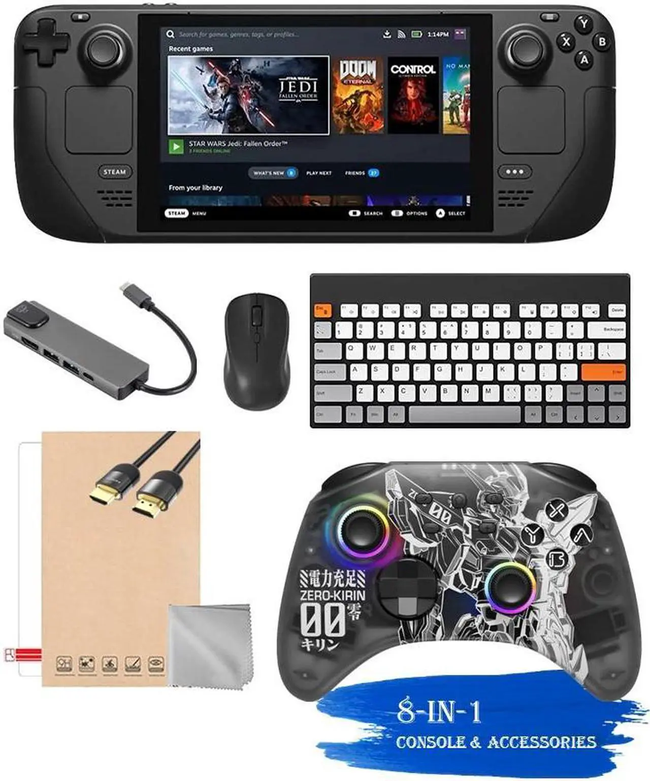 Main image of Valve Steam Deck 256GB Handheld Console, 7-inch Touchscreen, 1280x800 Resolution, Ergonomic Design, Mytrix Zero-Kirin Wireless Pro Controller, Hub, Keyboard & Mouse Combo, 7 Accessories: 8 in 1 Bundle