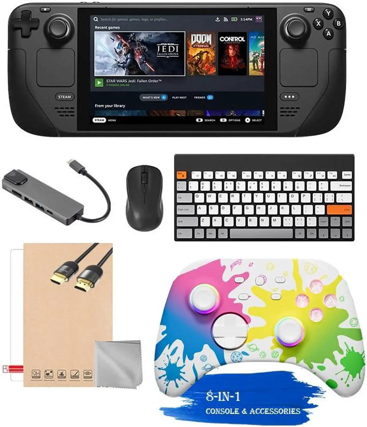 Main image of Valve Steam Deck 256GB Handheld Console, 7-inch Touchscreen, 1280x800 Resolution, Ergonomic Design, Mytrix Inkjet Wireless Pro Controller, Hub, Keyboard & Mouse Combo, 7 Accessories: 8 in 1 Bundle