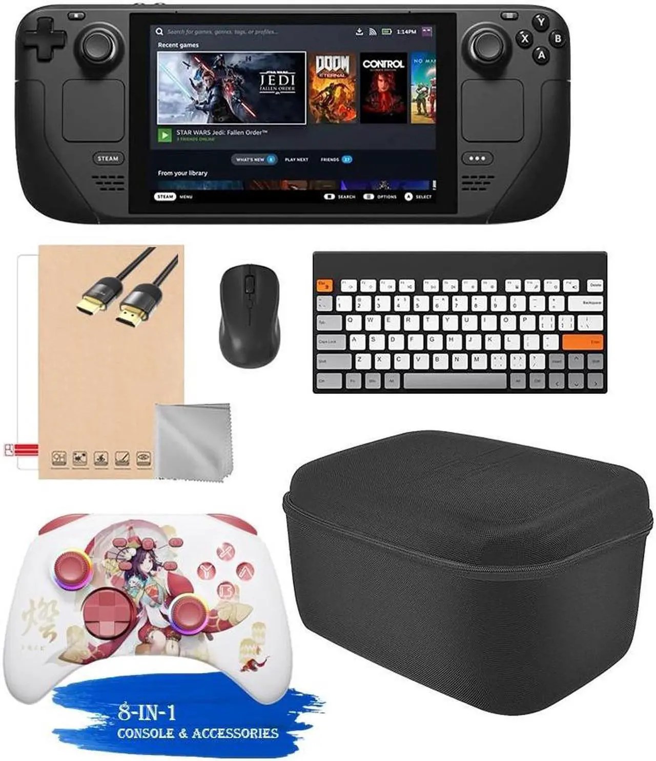 Main image of Valve Steam Deck 256GB Handheld Console, 7-inch Touchscreen, 1280x800 Resolution, Ergonomic Design, Mytrix Touro Wireless Pro Controller, Black Carrying Case, 7 Accessories: 8 in 1 Bundle