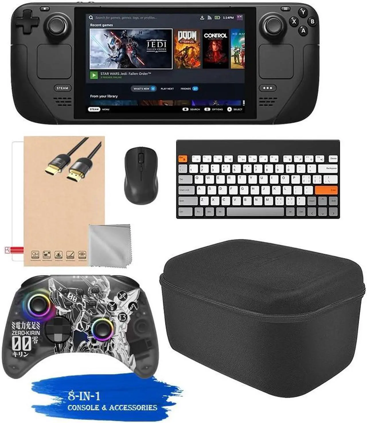 Main image of Valve Steam Deck 256GB Handheld Console, 7-inch Touchscreen, 1280x800 Resolution, Ergonomic Design, Mytrix Zero-Kirin Wireless Pro Controller, Black Carrying Case, 7 Accessories: 8 in 1 Bundle