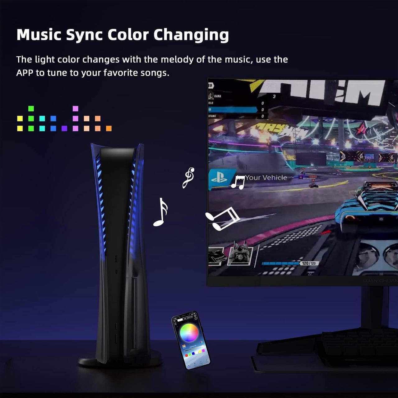 Alt view image 6 of 7 - Mytrix PS5 Faceplate 2 in 1 Translucent Black Plates for PS5 Disc Edition + RGB LED Music Sync Light Strips Kit: Replacement Console Face Plate, Sound Sync Mode Lighting with 8 Colors 400+ DIY Effects
