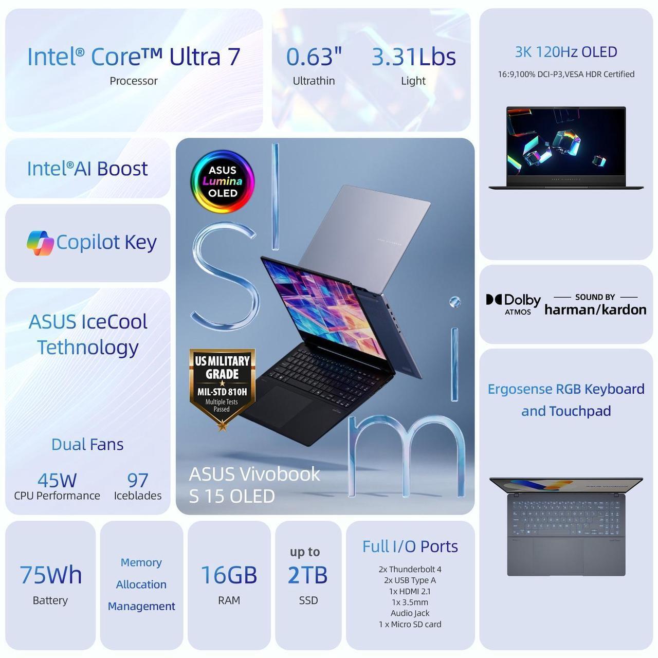 Alt view image 3 of 7 - ASUS Vivobook S 15 Laptop, 15.6" 3K 120Hz OLED Display, 16-Cores Ultra 7 155H, Intel Arc Graphics, 16GB RAM, 2TB SSD, RGB Backlit KB, WiFi 6E, Thunderbolt 4, with Lifetime Office, Win 11 Pro