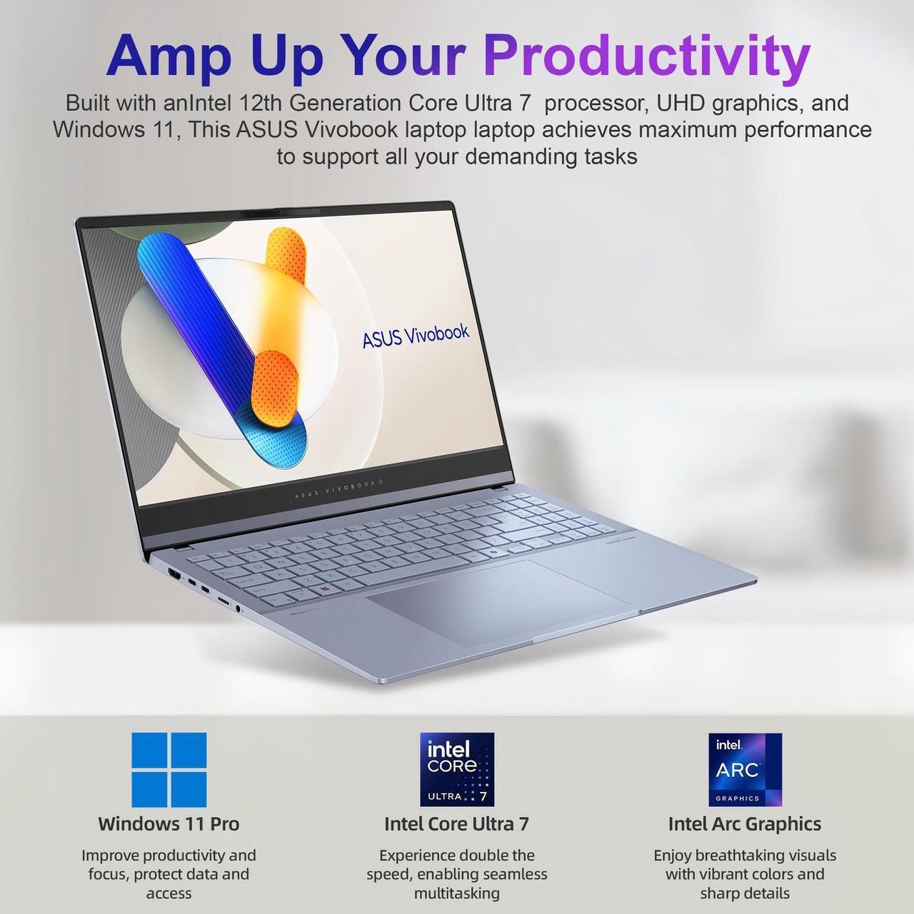 Alt view image 5 of 7 - ASUS Vivobook S 15 Laptop, 15.6" 3K 120Hz OLED Display, 16-Cores Ultra 7 155H, Intel Arc Graphics, 16GB RAM, 2TB SSD, RGB Backlit KB, WiFi 6E, Thunderbolt 4, with Lifetime Office, Win 11 Pro