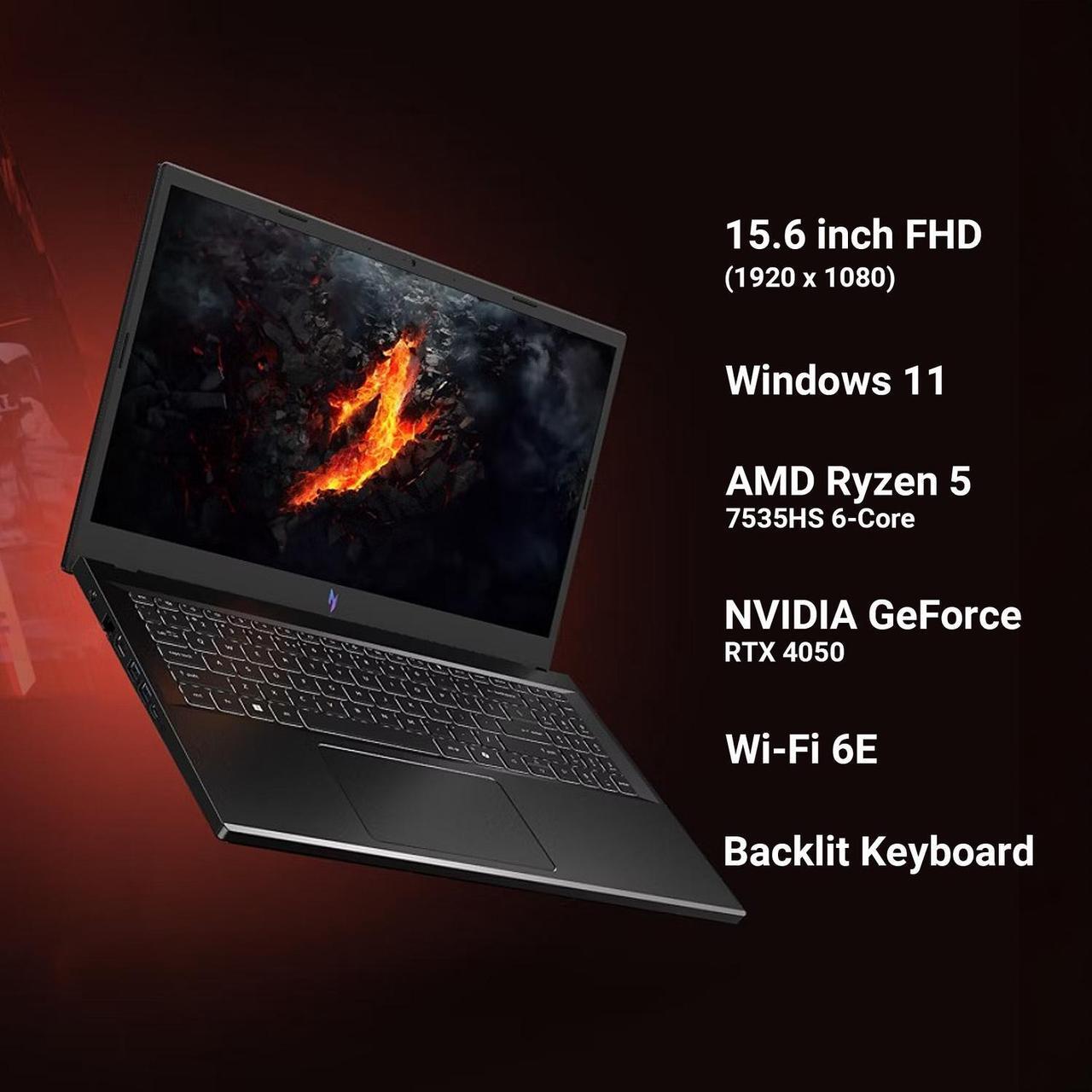 Alt view image 2 of 7 - Acer Nitro V 15.6" Gaming Laptop, AMD Ryzen 5 7535HS Hexa-Core, NVIDIA GeForce RTX 4050, 144Hz FHD IPS, 16GB RAM, 2TB SSD, WiFi 6, Backlit Keyboard, 2.4GHz Wireless Headset, Windows 11 Pro
