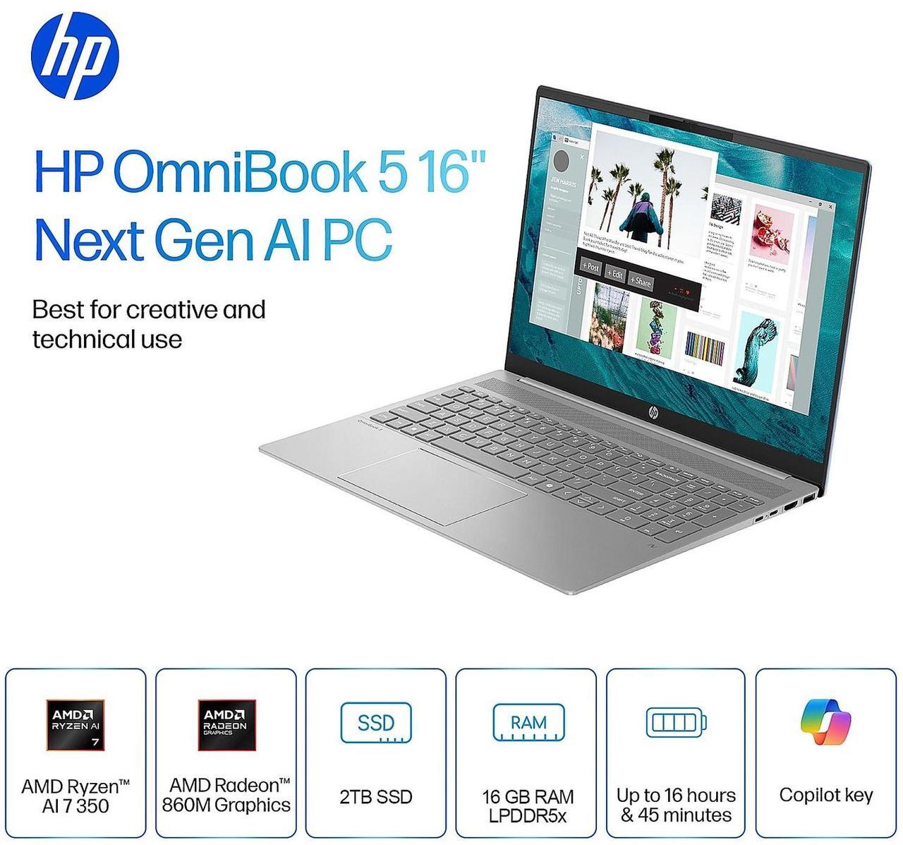 Alt view image 2 of 7 - HP 2025 Omnibook 5 Touchscreen Laptop,16" FHD 2K Copilot AI Laptop, AMD Ryzen AI 7 350(50 TOPS NPU), 16 GB RAM LPDDR5x 2TB SSD, Lifetime Office, Stylus Pen, WiFi 6, BT 5.4