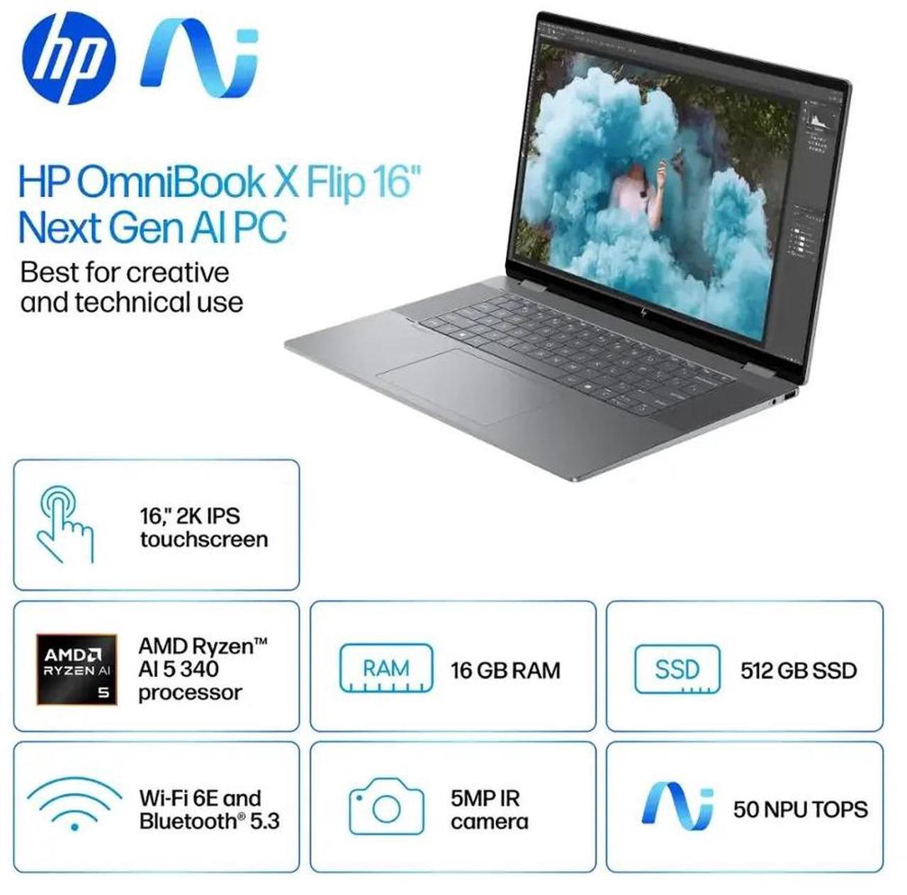 Alt view image 5 of 7 - HP OmniBook X Flip Copilot+ PC Laptop Computer, 2-in-1 16" Touchscreen Laptop, AMD Ryzen AI 5, 16GB RAM, 512GB SSD + 1TB Portable HDD, with Microsoft Surface Pen, USB Hub, Backlit KB, WiFi 6E, Win 11