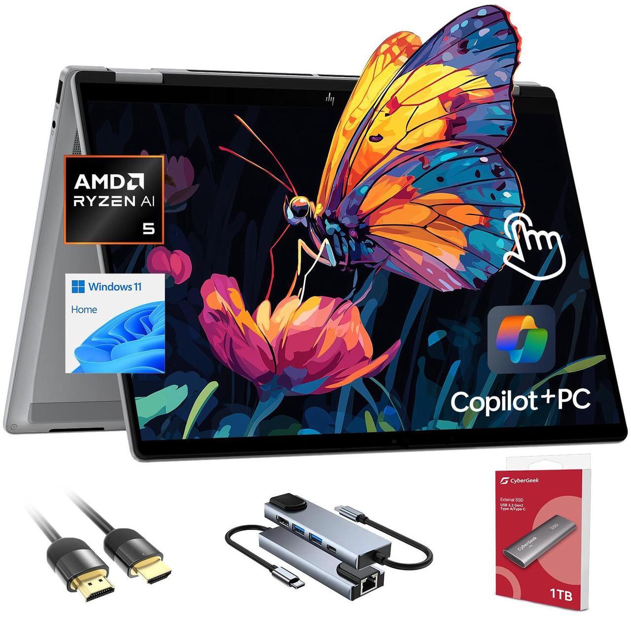 Main image of HP OmniBook X Flip Copilot+ PC Laptop Computer, 2-in-1 16" FHD Touchscreen Laptop, AMD Ryzen AI 5, 16GB RAM, 512GB SSD + 1TB Portable SSD, HDMI & USB Hub, Backlit Keyboard, WiFi 6 + BT, Windows 11
