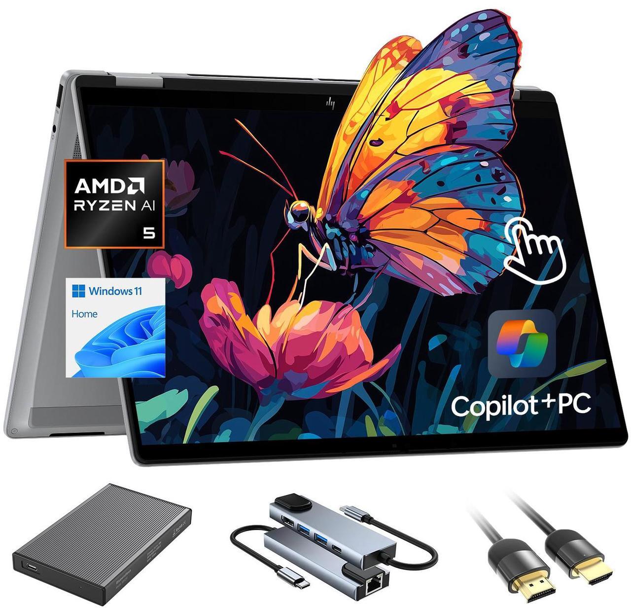 Main image of HP OmniBook X Flip Copilot+ PC Laptop Computer, 2-in-1 16" FHD Touchscreen Laptop, AMD Ryzen AI 5, 16GB RAM, 512GB SSD + 500GB Portable HDD, HDMI & USB Hub, Backlit Keyboard, WiFi 6E + BT, Windows 11