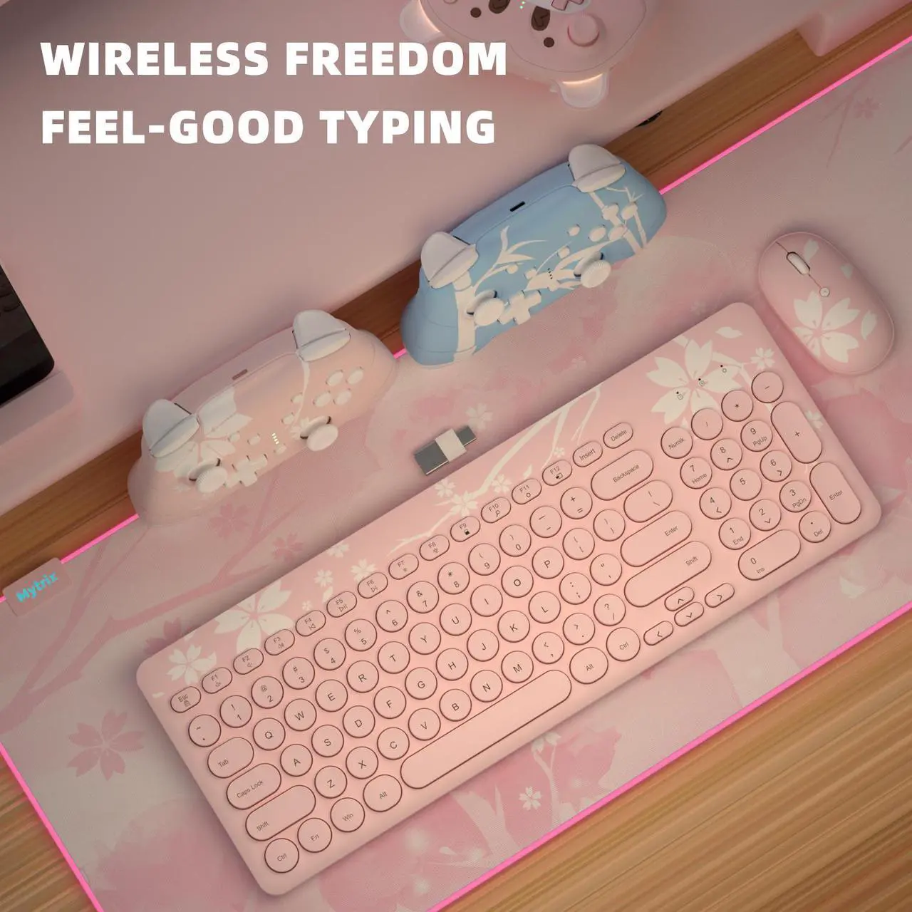 Alt view image 4 of 6 - Mytrix Sakura Cherry Pink Wireless Keyboard And Mouse Set Combo, Retro Type-Writer Keys, Silent 96-Key Kawaii Keyboard for Home and Office - 2.4GHz USB A & USB Type C Receiver