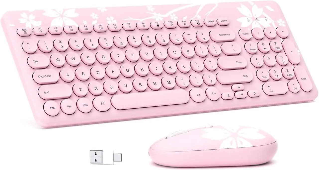 Alt view image 2 of 6 - Mytrix Sakura Cherry Pink Wireless Keyboard And Mouse Set Combo, Retro Type-Writer Keys, Silent 96-Key Kawaii Keyboard for Home and Office - 2.4GHz USB A & USB Type C Receiver