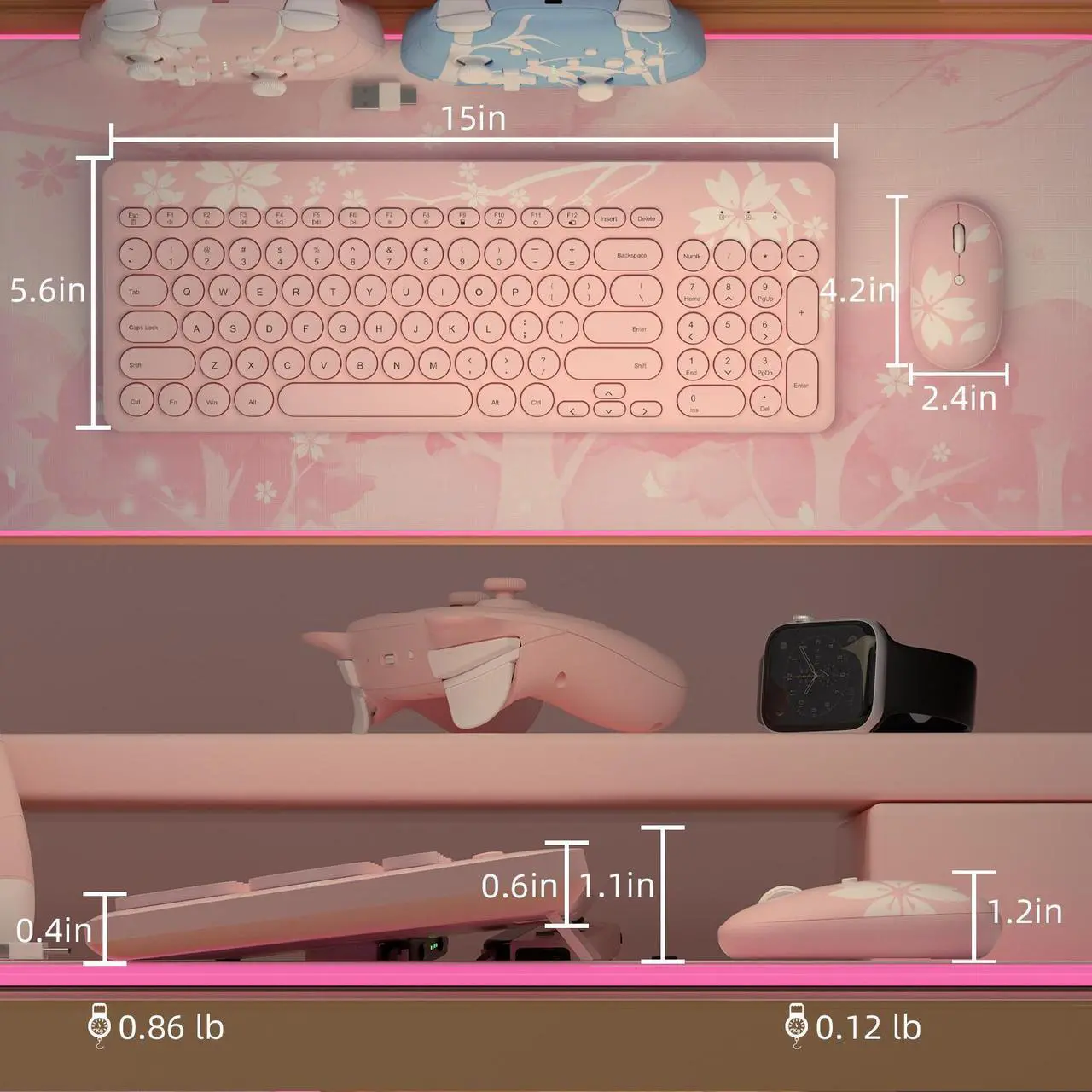 Alt view image 3 of 6 - Mytrix Sakura Cherry Pink Wireless Keyboard And Mouse Set Combo, Retro Type-Writer Keys, Silent 96-Key Kawaii Keyboard for Home and Office - 2.4GHz USB A & USB Type C Receiver