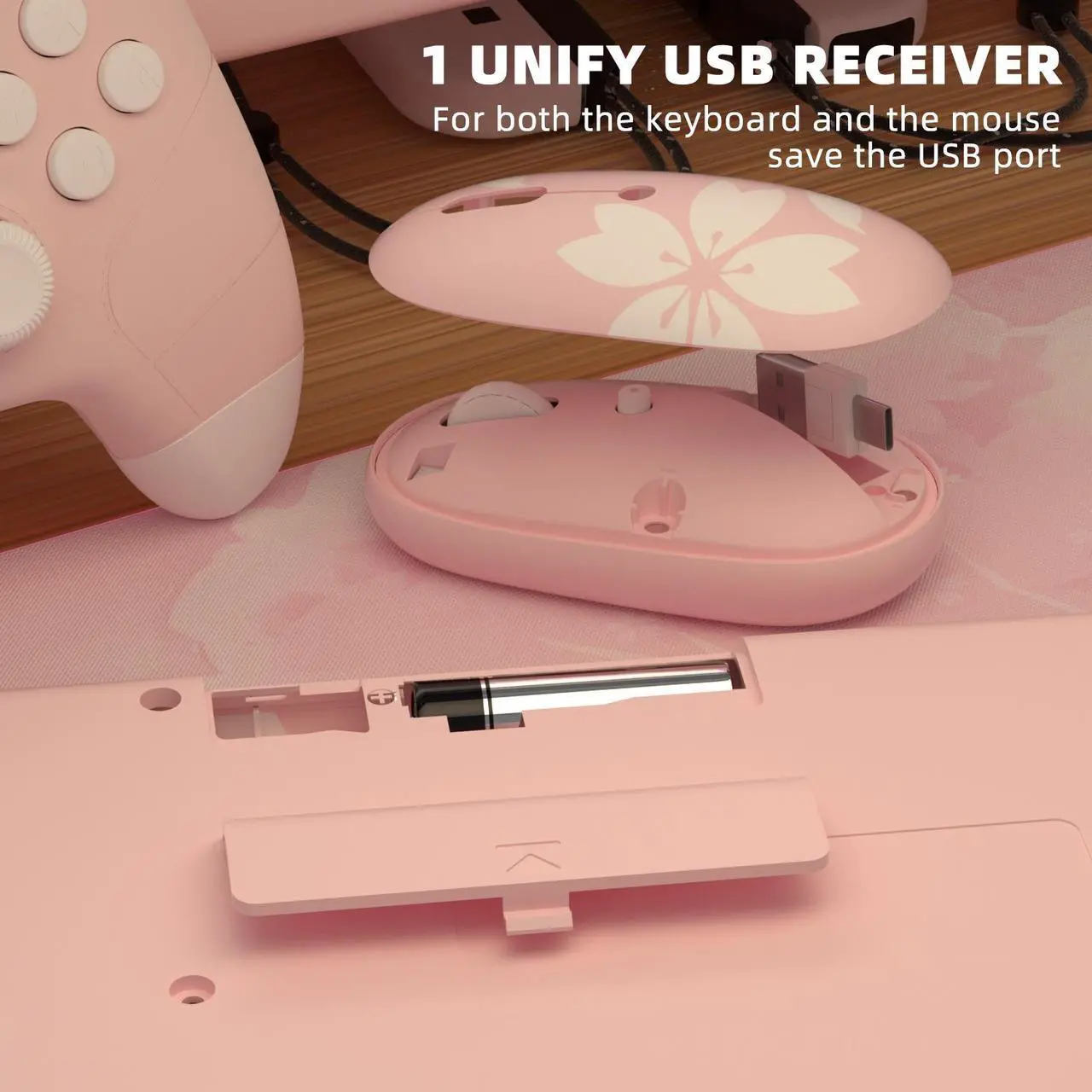 Alt view image 6 of 6 - Mytrix Sakura Cherry Pink Wireless Keyboard And Mouse Set Combo, Retro Type-Writer Keys, Silent 96-Key Kawaii Keyboard for Home and Office - 2.4GHz USB A & USB Type C Receiver