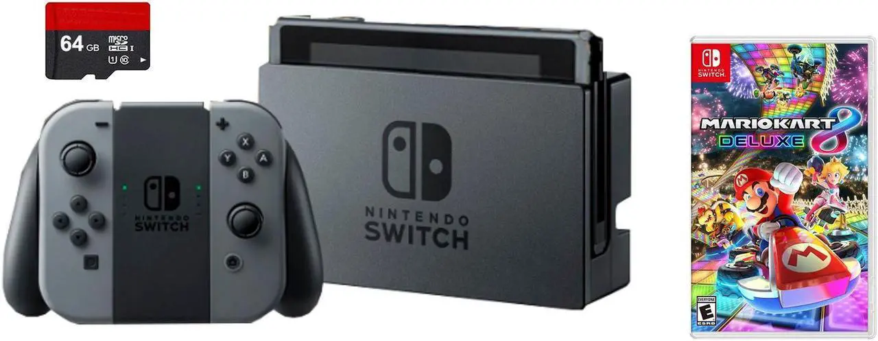 Main image of Nintendo Switch 3 items Bundle: Nintendo Switch 32GB Console Gray Joy-con, 64GB Micro SD Memory Card and Mario Kart 8 Deluxe
