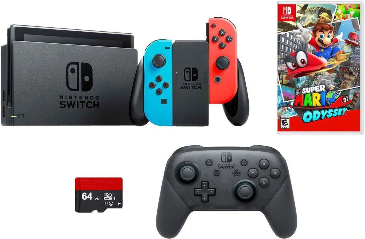 Main image of Nintendo Switch 4 items Bundle: Nintendo Switch 32GB Console Neon Red and Blue Joy-con, 64GB Micro SD Memory Card and an Extra Nintendo Switch Pro Wireless Controller, Super Mario Odyssey