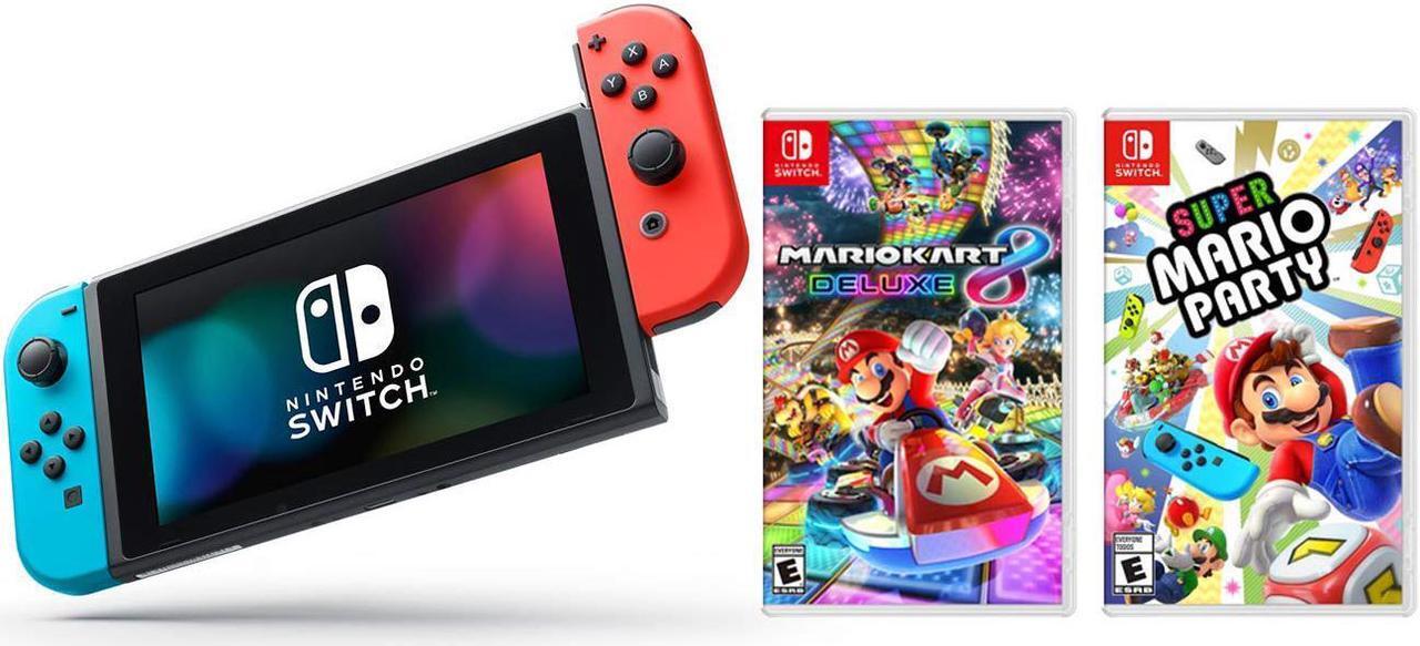 Main image of Nintendo Switch Mario Party Bundle: Super Mario Party, Mario Kart 8 Deluxe and Nintendo Switch 32GB Console with Neon Red and Blue Joy-Con