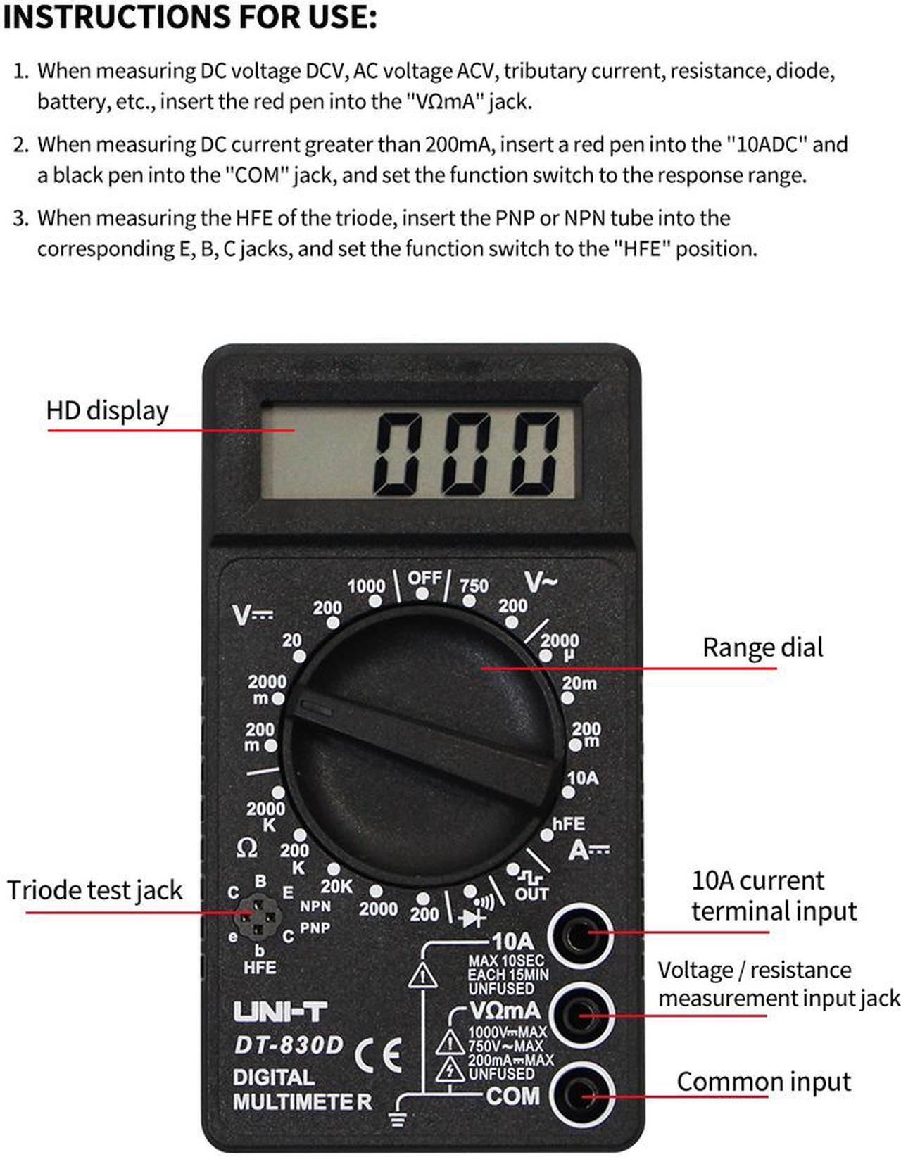 Alt view image 2 of 3 - UNI-T DT830B Digital Multimeter CE 1999 Count Electric AC DC Current Voltage Meter Resistance Transistor Dide Ohm Tester