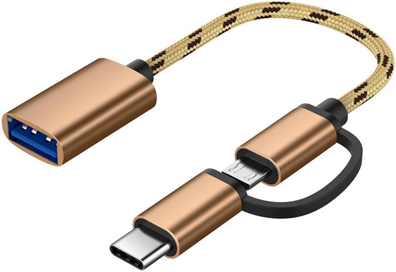 2 in 1 USB 3.0 OTG Cable Nylon Braid Micro USB Type C Data Sync Charge Adapter for Samsung One Plus MacBook USBC Type-C OTG - Golden