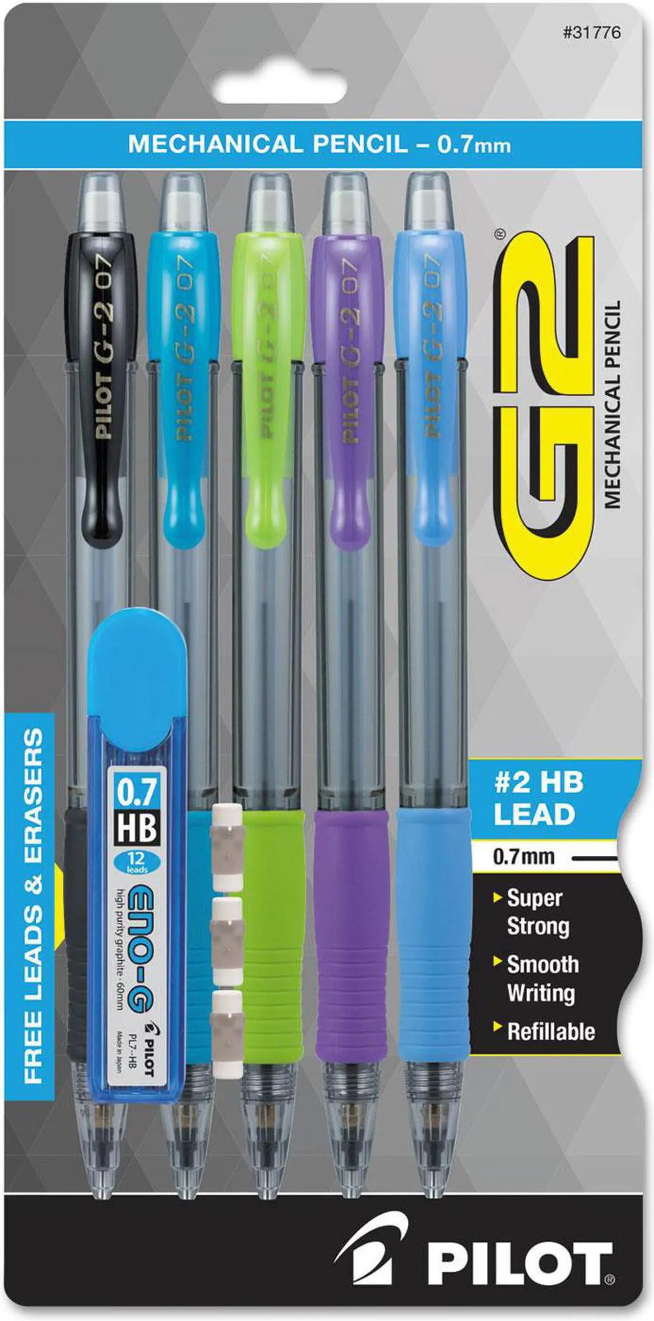 Alt view image 3 of 7 - Pilot Pen 31776 0.7 mm Mechanical Pencil with Lead & Erasers - Black, Lime, Purple, Turquoise & Periwinkle, Pack of 5