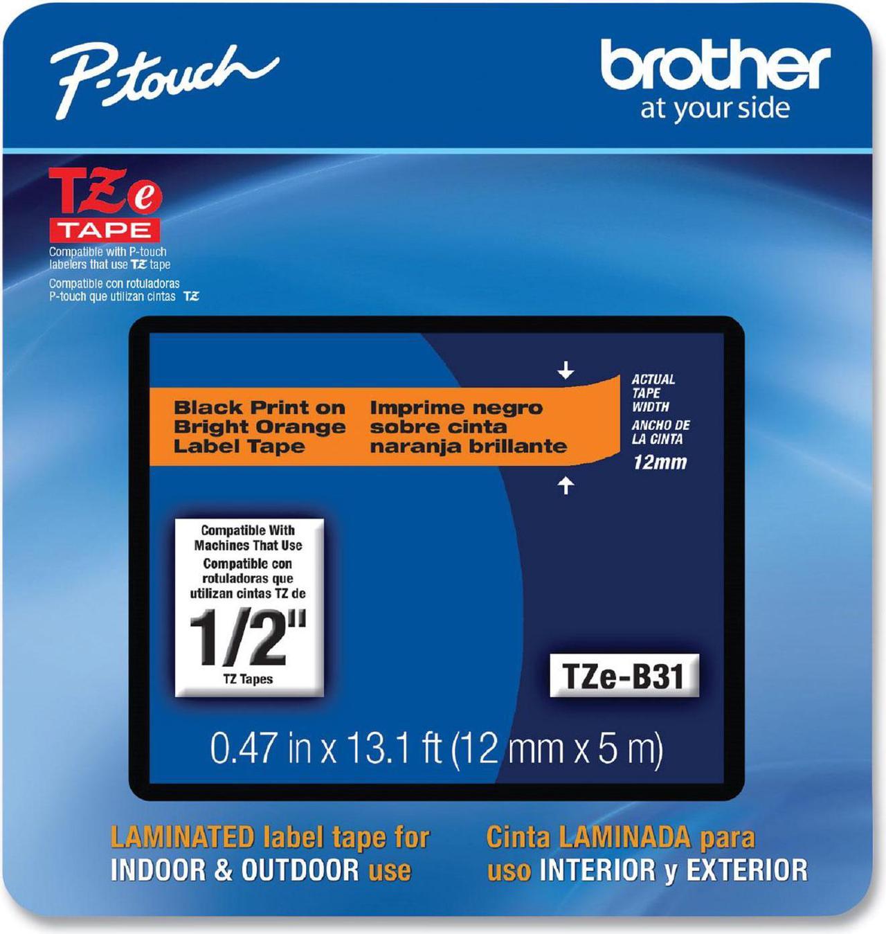 Brother P-touch TZe-B31CS Laminated Label Maker Tape 1/2" x 13-1/10' Black on Fluorescent Orange (TZe-B31CS) TZEB31CS