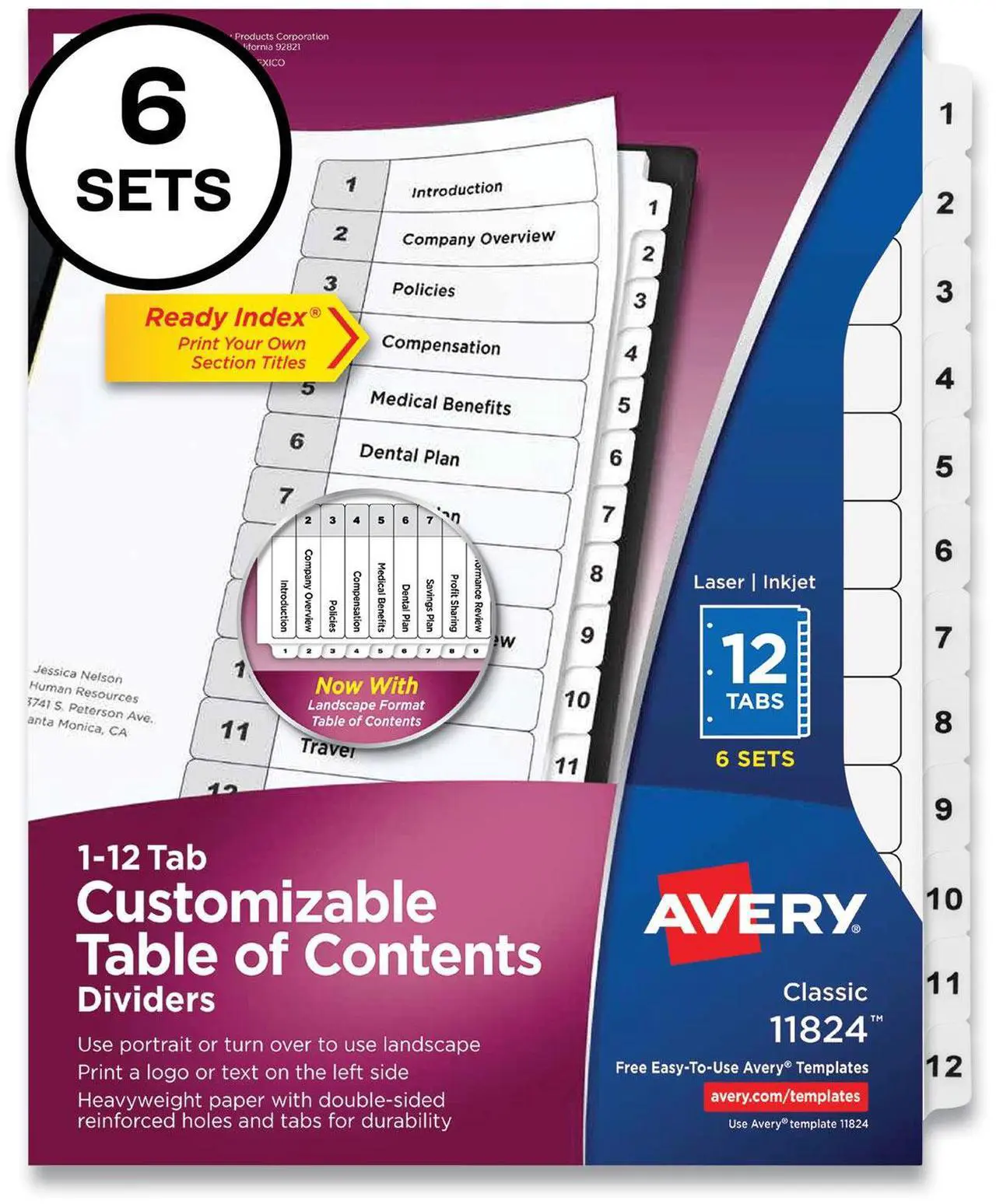 Alt view image 8 of 15 - Avery Ready Index 12 Tab Dividers, Customizable TOC, 6 Sets (11824)