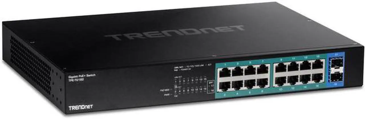 Alt view image 2 of 5 - TRENDnet 18-Port Gigabit PoE+ Switch, 16 x 30W PoE+  Ports, 2 Gigabit SFP Slots, 240W PoE Budget, 36Gbps  Switching Capacity, 1U 19 Rack Mountable, Lifetime  Protection, Black, TPE-TG182