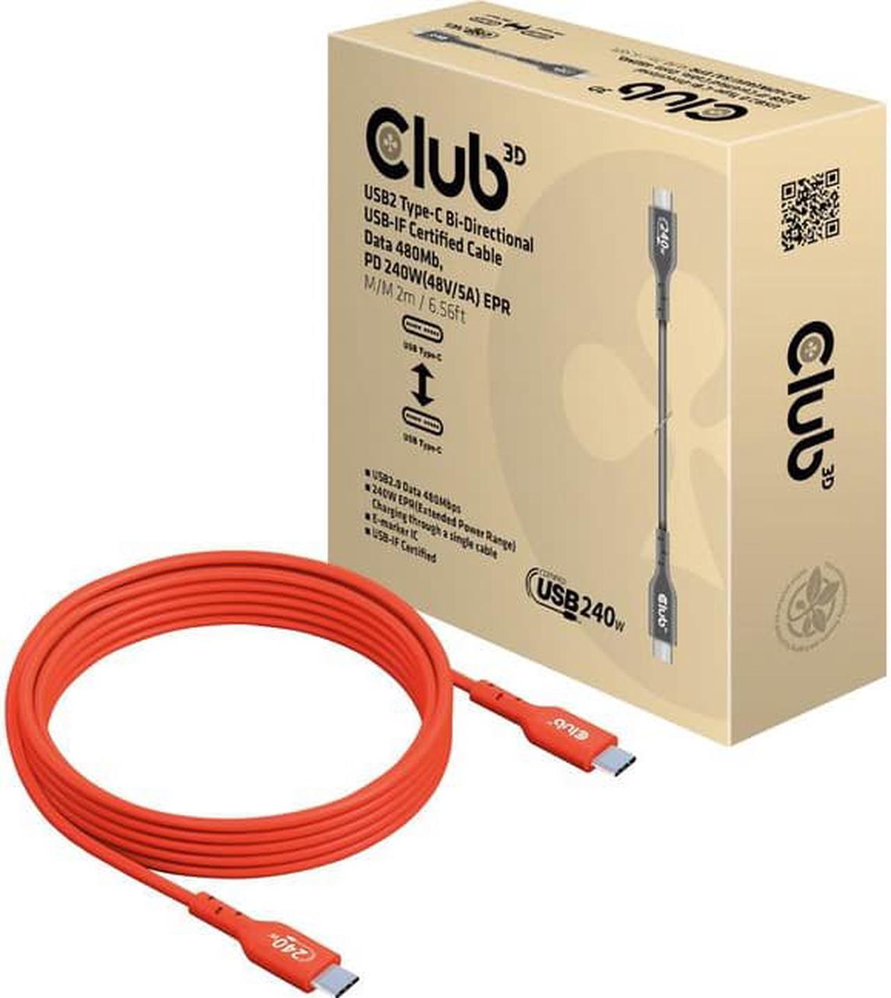 Alt view image 13 of 13 - club 3d usb2 type-c bi-directional usb-if certified cable, data 480mb, pd 240w(48v/5a) epr m/m 2m/6.56ft cac-1573