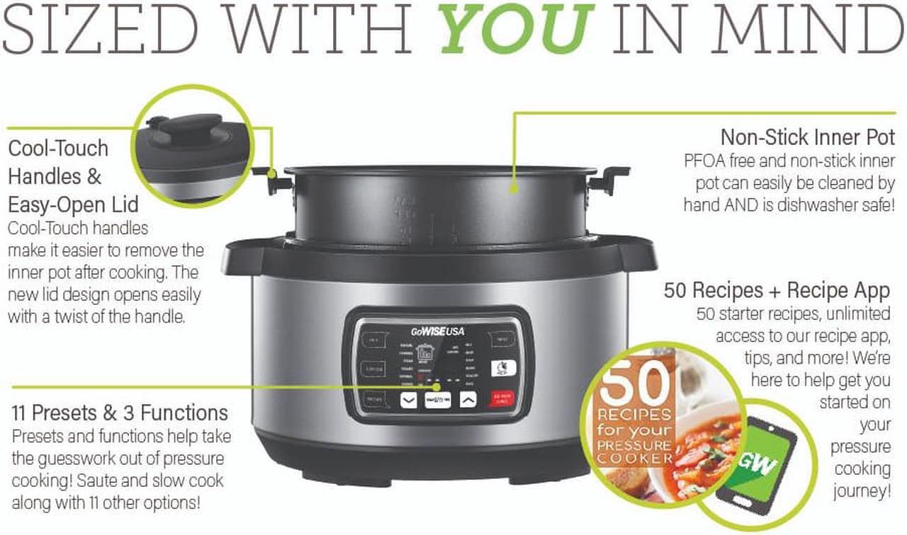 Alt view image 13 of 15 - GoWISE USA GW22708 Ovate 8.5-Qt 12-in-1 Electric Pressure Cooker Oval with Slow Cook, Rice, Yogurt, Egg, Saute, Steamer, Keep Warm Functions + Accessories & Recipes, Stainless Steel