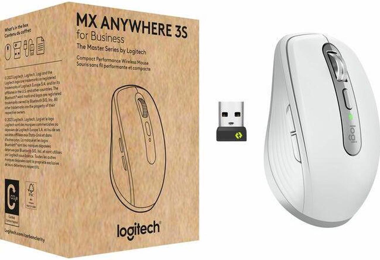 Logitech MX Anywhere 3S for Business - Wireless Mouse - Darkfield - Wireless - Bluetooth - Rechargeable - Pale Gray - USB Type C - 8000 dpi - Scroll Wheel - 6 Button(s)