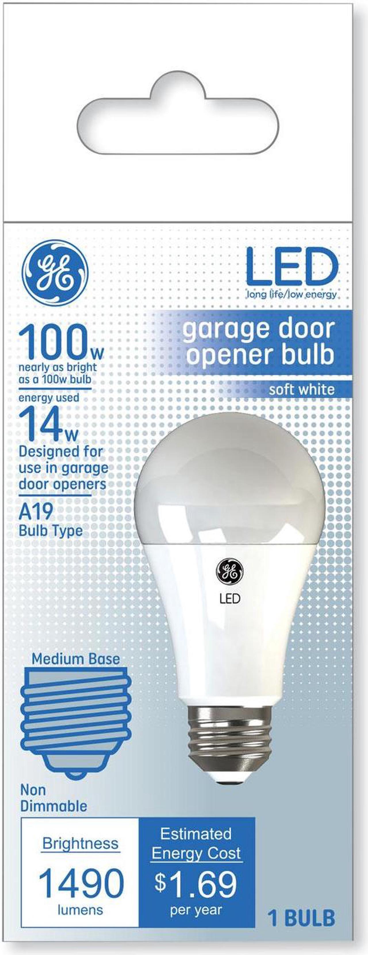 Alt view image 3 of 5 - GE Lighting 93116245 LED A19 Garage Door Opener Bulb, Frosted Soft White, 1490 Lumens, 14-Watts, rough service, heavy duty to withstand vibration