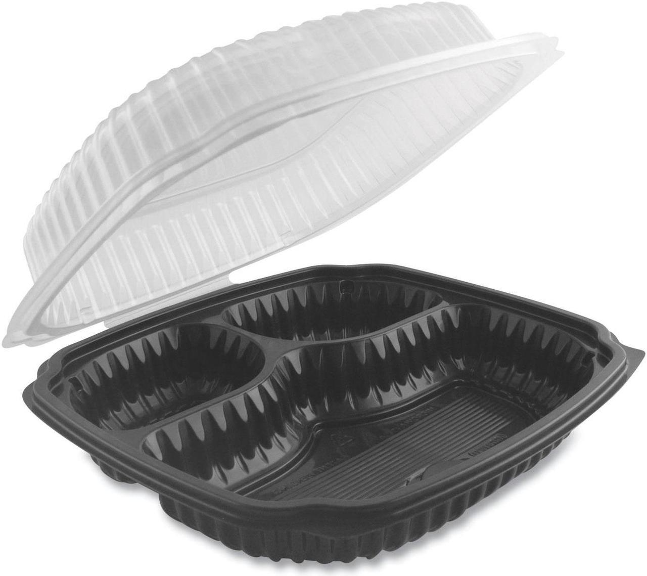 Alt view image 2 of 2 - Anchor Packaging cL9931 culinary Lites, 3-compartment, 9x9, Vented Hinged container, Black Bottom, clear Lid, 100case