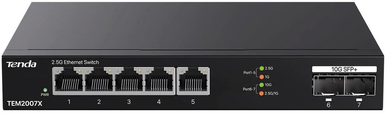 Alt view image 3 of 9 - Tenda TEM2007X  5 Port 2.5G Ethernet Switch  Unmanaged 2.5Gb Switch with 5 x 2.5G Ports & 2 x 10Gb SFP+ Slots  50Gbps Switching Capacity  Plug & Play  Desktop/ Wall-Mount  Fanless Metal Design