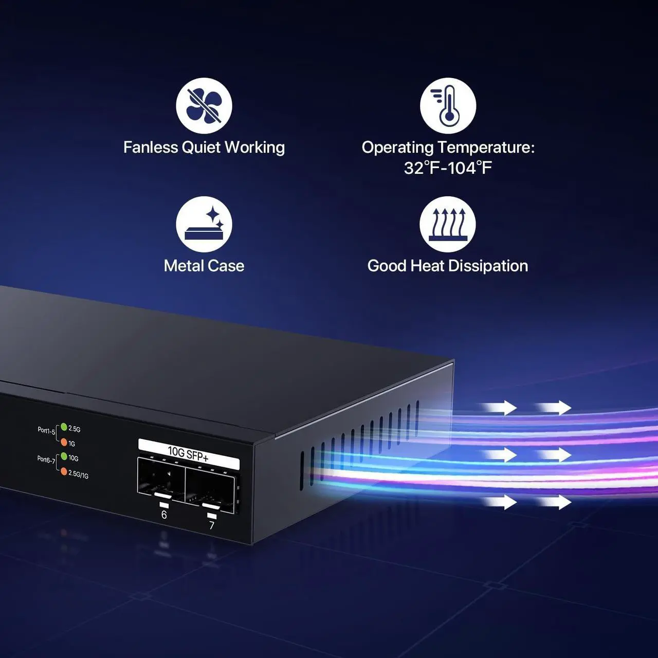 Alt view image 6 of 9 - Tenda TEM2007X  5 Port 2.5G Ethernet Switch  Unmanaged 2.5Gb Switch with 5 x 2.5G Ports & 2 x 10Gb SFP+ Slots  50Gbps Switching Capacity  Plug & Play  Desktop/ Wall-Mount  Fanless Metal Design