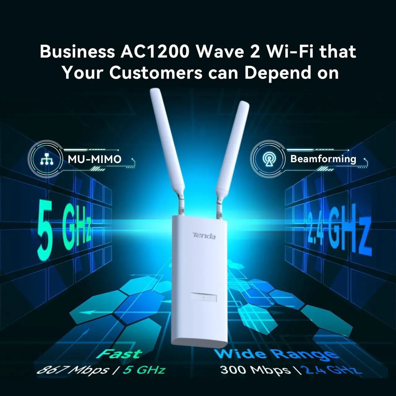 Alt view image 10 of 15 - Tenda OAP1200 Dual Band IEEE 802.11 a/b/g/n/ac 1.14 Gbit/s Wireless Access Point - Indoor/Outdoor - 2.40 GHz, 5 GHz - 2 x External Antenna(s) - External - MIMO Technology - Multi User MIMO - 1 x Netwo