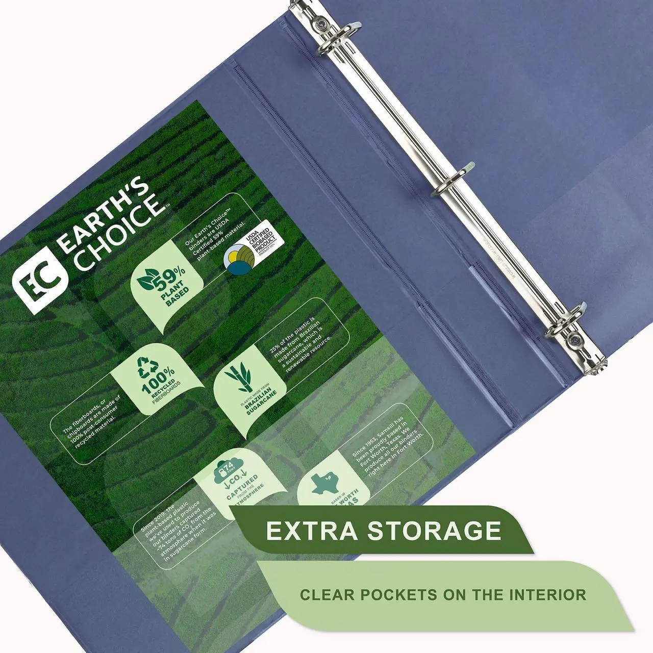 Alt view image 4 of 6 - Earth's Choice Plant-Based BOHO D-Ring View Binders 1" Capacity 11 x 8.5 Indigo 2/Pack U69341