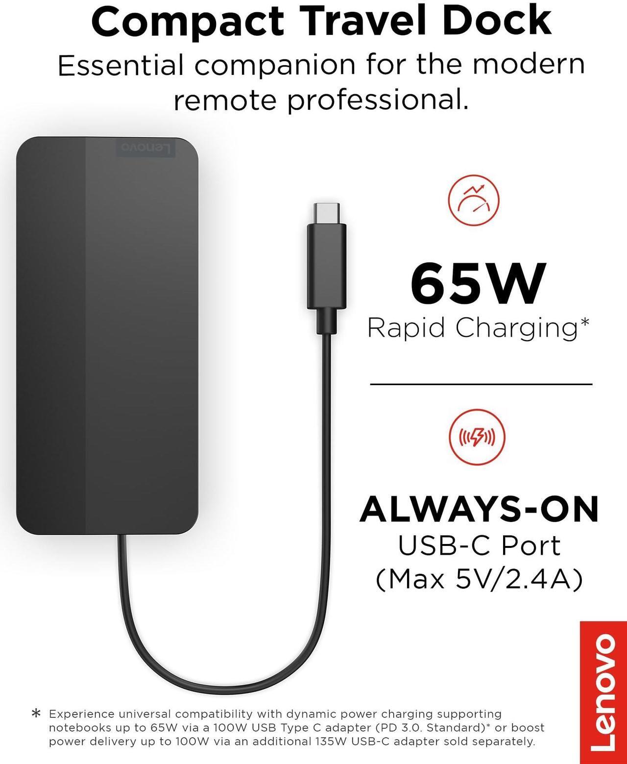 Alt view image 12 of 20 - Lenovo USB-C Dual Display Travel Dock with Adapter