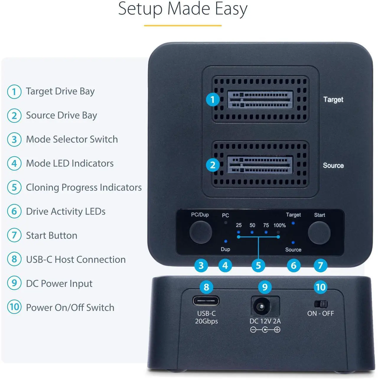 Alt view image 20 of 20 - StarTech.com 1:1 M.2 NVMe Drive Duplicator, 90GBpm Standalone M.2 SSD Cloner/Copier, USB-C 3.2 20Gbps M.2 Dual-Bay Drive Dock