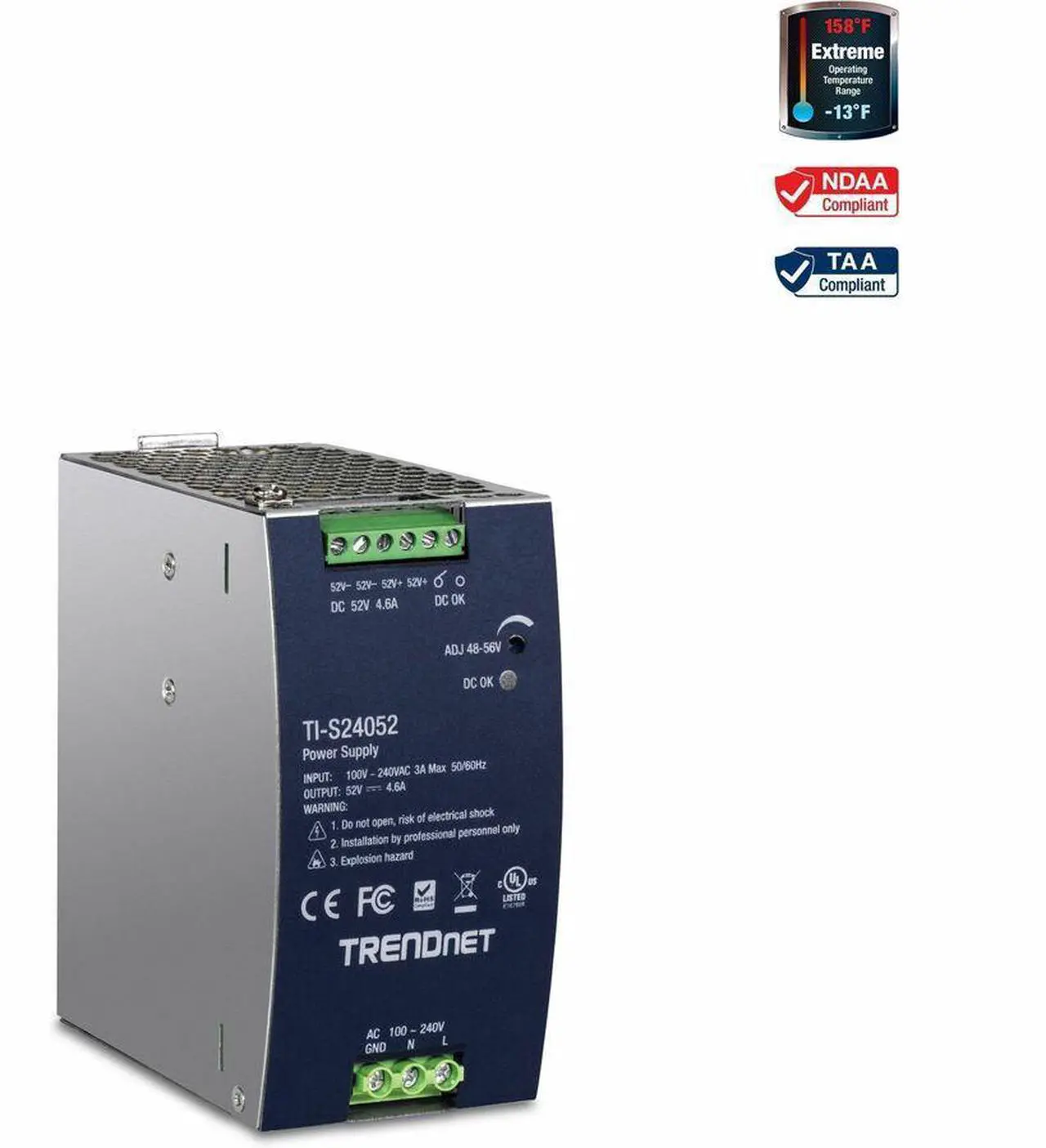 Alt view image 6 of 19 - TRENDnet TI-S24052, 240W, 52V DC, 4.61A AC to DC DIN-Rail Power Supply
with PFC Function