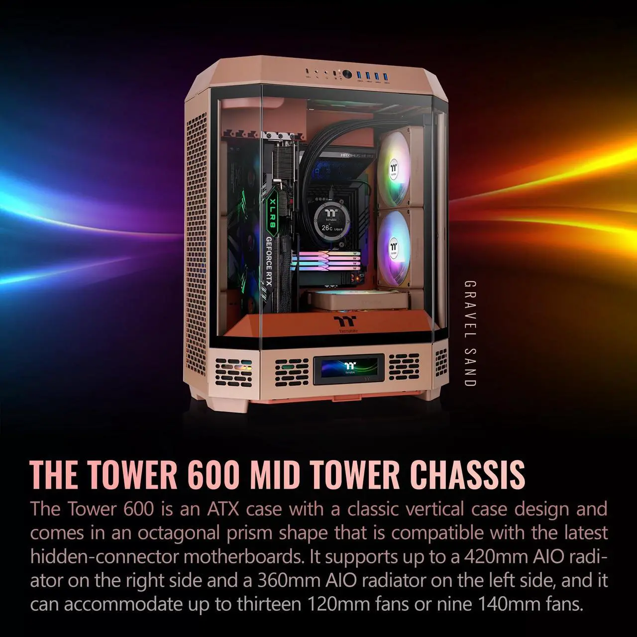 Alt view image 10 of 14 - Thermaltake Tower 600 Mid Tower; 2x140mm CT Fans Included; 420mm Radiator Support; 400mm GPU Clearance; Hidden Connector Support; Rotatable PCIe Slots; Gravel Sand; CA-1Z1-00MGWN-00