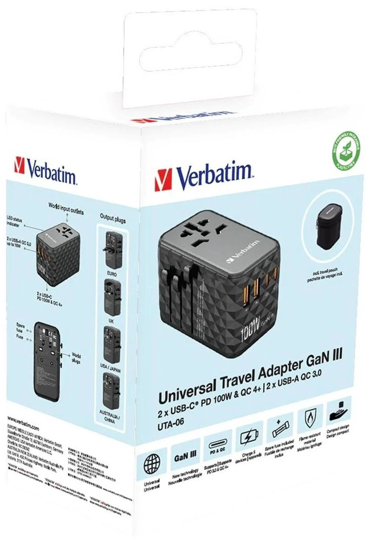 Alt view image 14 of 14 - Verbatim UTA-06 Gan III Universal Travel Adapter 100W - USB-C, USB-A - 100 W - 120 V AC, 230 V AC Input