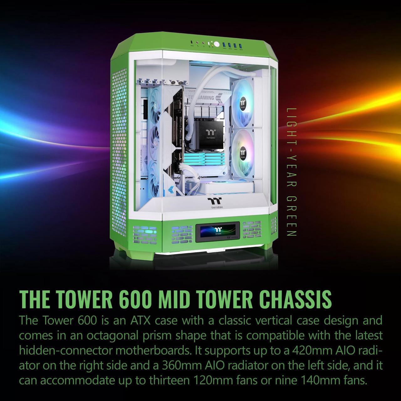 Alt view image 10 of 14 - Thermaltake Tower 600 Mid Tower; 2x140mm CT Fans Included; 420mm Radiator Support; 400mm GPU Clearance; Hidden Connector Support; Rotatable PCIe Slots; Light-Year Green; CA-1Z1-00MOWN-00