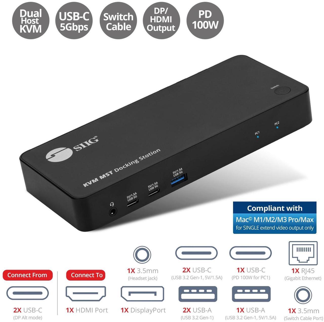 Alt view image 5 of 10 - SIIG Dual Host USB-C KVM MST Docking Station