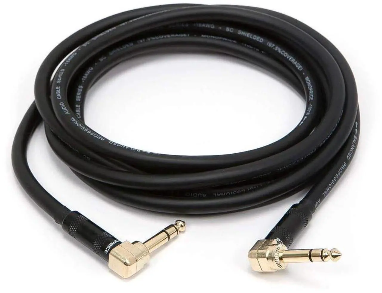 Alt view image 10 of 10 - Monoprice Premier Series 1/4 Inch (TRS) Right Angle Male to Right Angle Male 16AWG Cable Cord - 10 Feet- Black (Gold Plated)