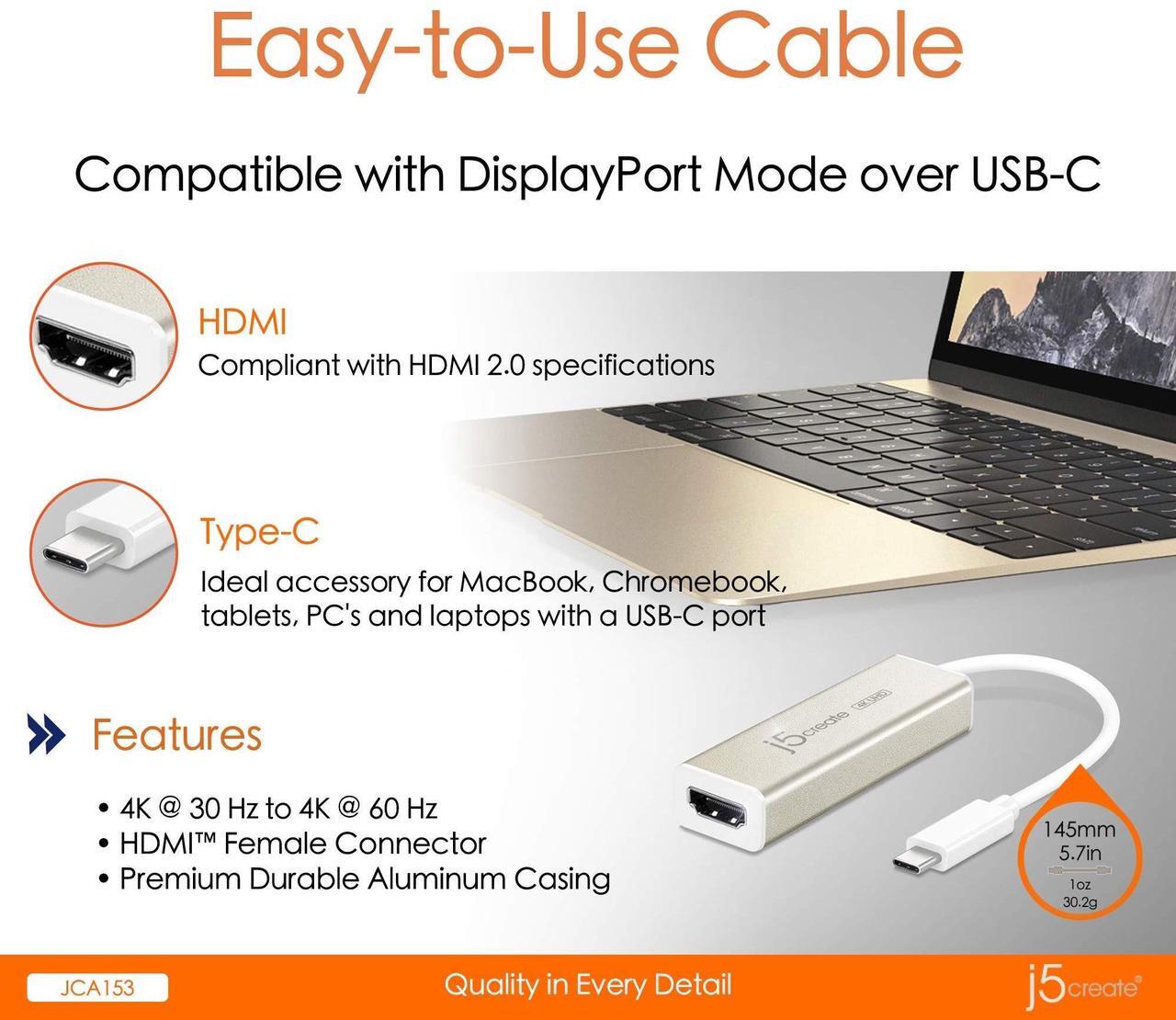 Alt view image 12 of 14 - USB C to HDMI Adapter Cable by j5create | 4K@60Hz Type C Dongle Connects External Monitor Display, HDTV, Projector for MacBook, Chromebook, Laptops, Phones, Tablets, PC with USB-C Port