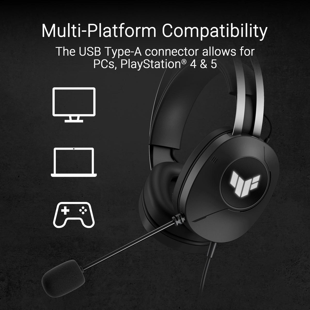 Alt view image 14 of 14 - Asus TUF Gaming H1 Gen II Wired gaming headset with 40 mm ASUS Essence drivers, virtual 7.1 surround sound, TeamSpeak-certified microphone, plus symbolic TUF logo lighting - Black