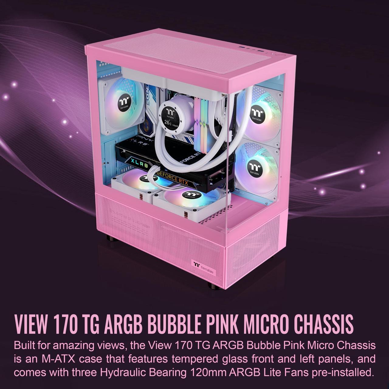 Alt view image 9 of 20 - Thermaltake View 170 TG ARGB m-ATX Chassis; 3x120mm ARGB Lite Fans Included; 280mm Radiator Support; 340mm GPU Clearance; 160mm Air Cooler Max Height; Bubble Pink; CA-1Z4-00MAWN-01