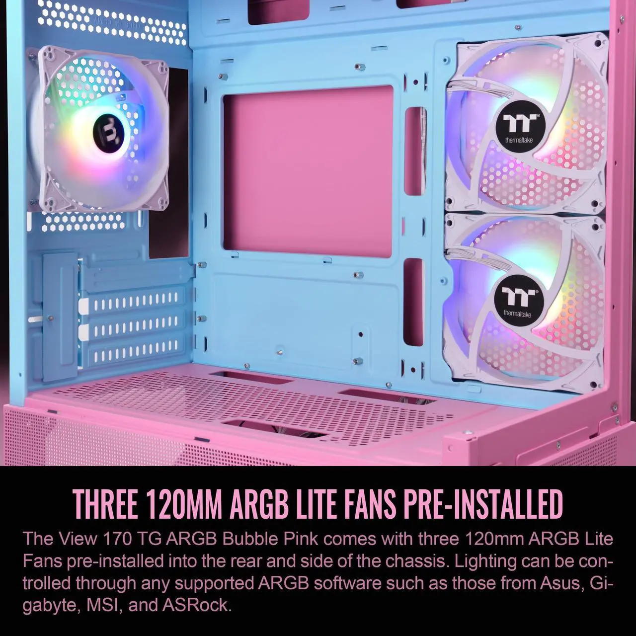 Alt view image 12 of 20 - Thermaltake View 170 TG ARGB m-ATX Chassis; 3x120mm ARGB Lite Fans Included; 280mm Radiator Support; 340mm GPU Clearance; 160mm Air Cooler Max Height; Bubble Pink; CA-1Z4-00MAWN-01