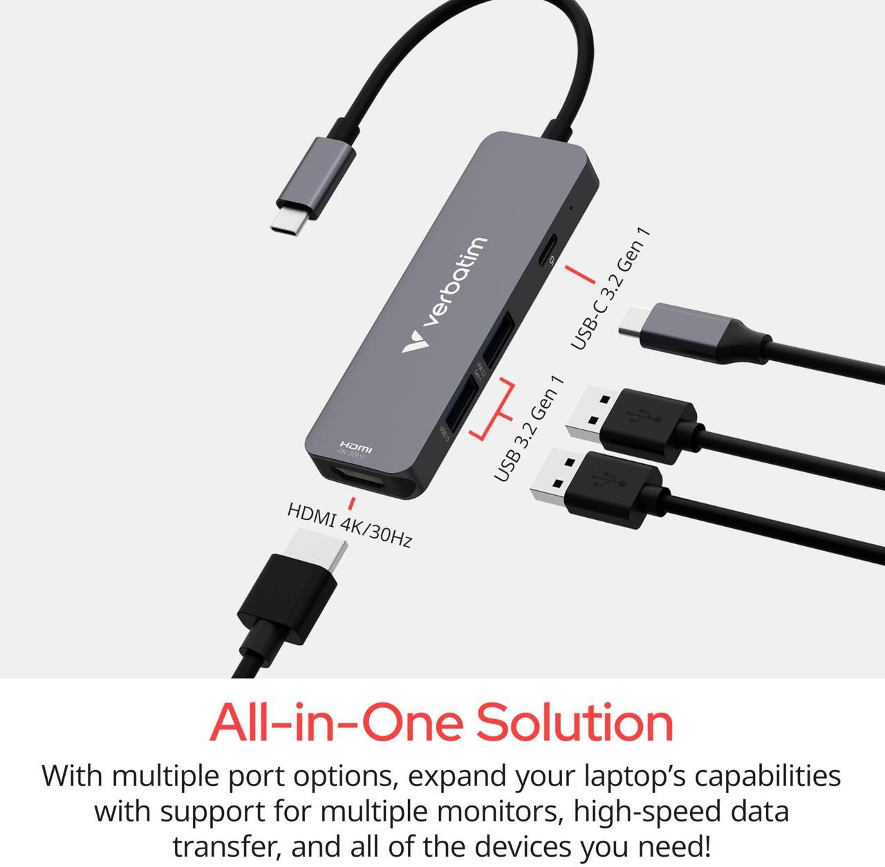 Alt view image 8 of 11 - Verbatim USB-C Essentials Multiport Hub - 4 Ports - Charging Capability - USB Type C - 4K @30Hz - 3840 x 2160 - 3 x USB Ports - 2 x USB Type-A Ports - USB Type-A - 1 x USB Type-C Ports - USB Type-C -