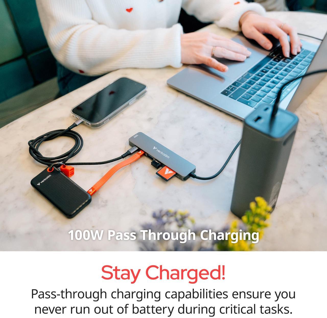 Alt view image 10 of 11 - Verbatim USB-C Essentials Multiport Hub - 4 Ports - Charging Capability - USB Type C - 4K @30Hz - 3840 x 2160 - 3 x USB Ports - 2 x USB Type-A Ports - USB Type-A - 1 x USB Type-C Ports - USB Type-C -