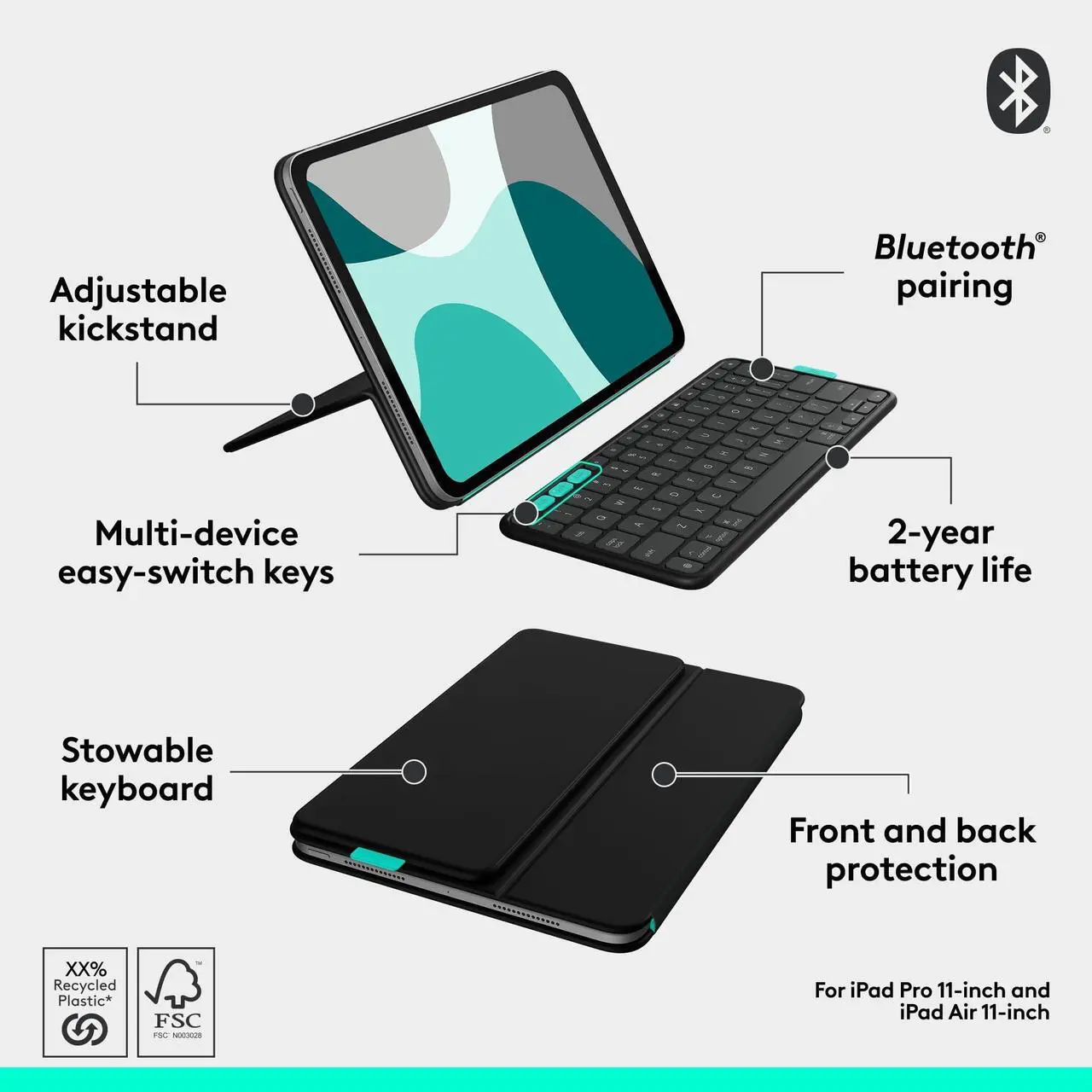 Alt view image 7 of 7 - Logitech Flip Folio, Keyboard Case for iPad Pro 11-inch (M4) & iPad Air 11-inch (M2 & M3)(5th Gen - 2024) - Protective & Stowable Bluetooth Keyboard Case, Multi-Device - Midnight Black